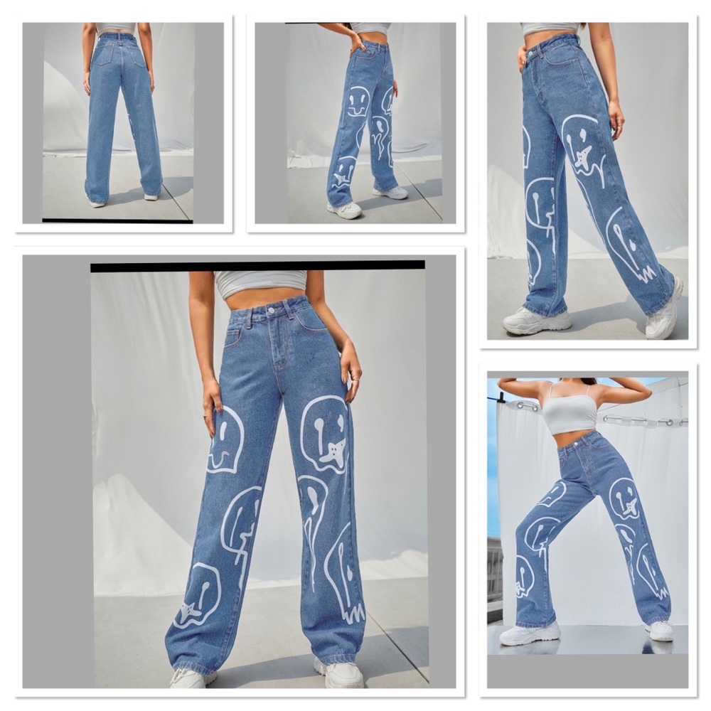 Shein High Waist Cartoon Graphic Wide Leg Jeans. Size: XS